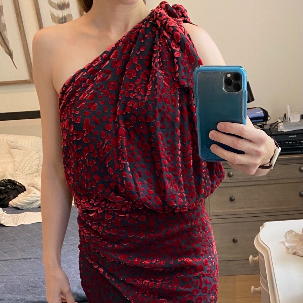 Iro velvet red and black flocked one shoulder mini dress